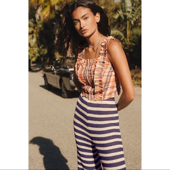 NEW Anthropologie Flat White Navy Striped Knit Semi-Sheer Pull-On Pants Small - Picture 2 of 6